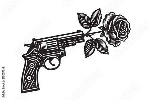 Rose flower in the barrel of a gun. Vintage black engraving illustration. Monochrome vector icon. Isolated and cut out	