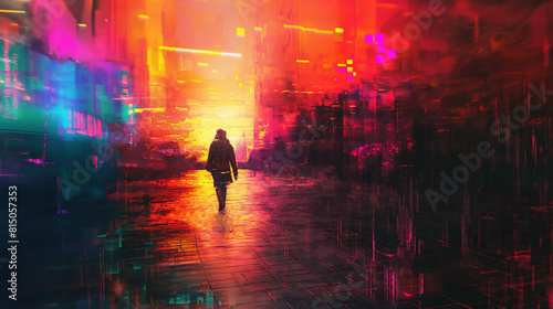 The dark figure of a person walking down a city street with bright lights and colorful reflections on the wet pavement. © VRAYVENUS