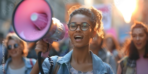 Leader of a Civilian Group Amplifying Voices at a Protest. Concept Community Advocate, Grassroots Organizer, Civil Rights Activist, Social Justice Leader photo