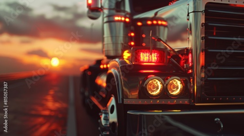 A close-up of a semi truck's front grill driving down the highway at sunset, highlighting its power and strength a reliable workhorse. AI Generative. hyper realistic 
