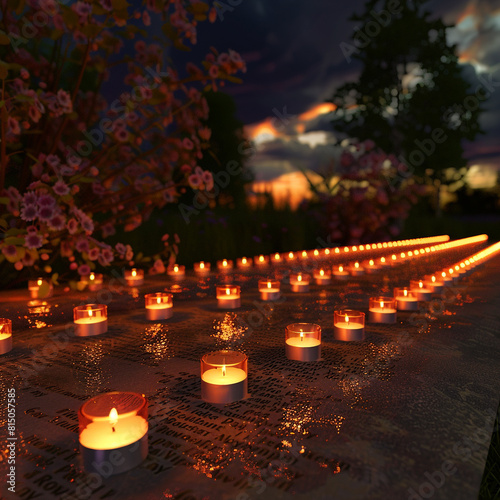 3D scene of virtual candles illuminating the names of the fallen in a Memorial Day night vigil, creating a solemn and touching display. photo