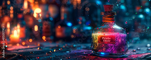 A magical potion bottle with rainbow liquid and "Pride Elixir" label