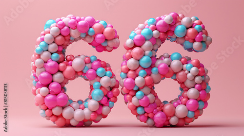 Pink Blue White Balloons Forming Numbers 65 on Soft Pink Background Celebratory Design photo