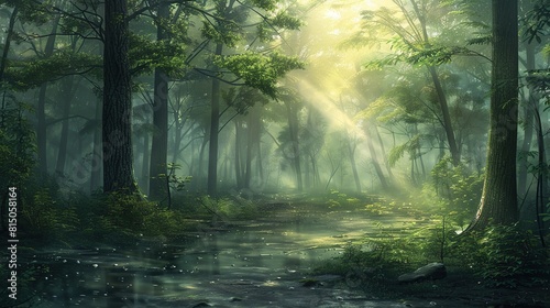 a dense forest with tall trees and a bright light shining through the trees.