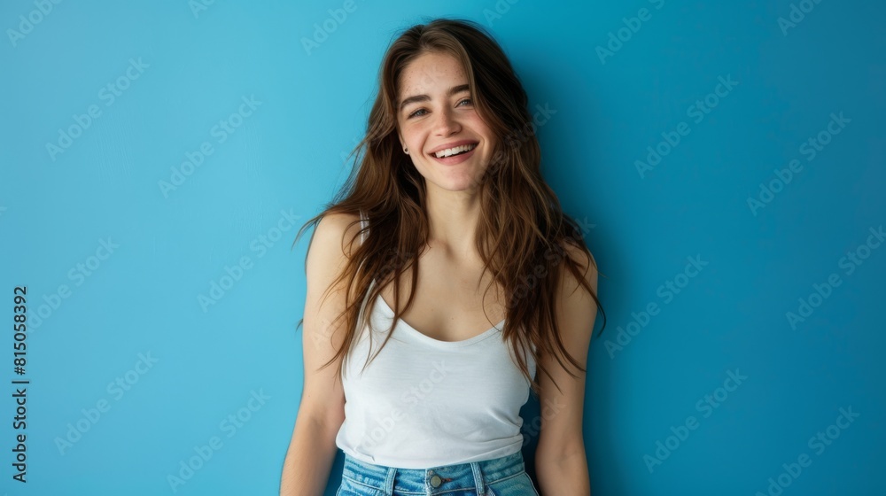 Woman Smiling Against Blue Wall Woman Smiling Against Blue Wall