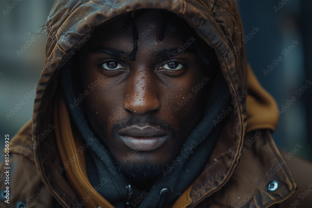 A soaked man in a hooded jacket giving a deep, intense stare to the camera