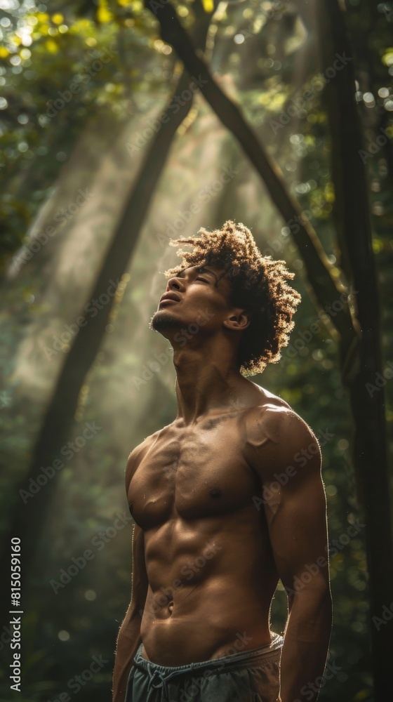 A shirtless man standing confidently in a lush forest clearing A shirtless man standing confidently in a lush forest clearing