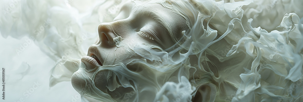 A woman's face is surrounded by a white, smoky substance A woman's face is surrounded by a white, smoky substance