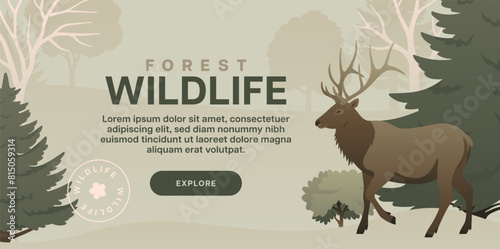 Forest wildlife web banner design. Color landscape with trees and elk. Wild animal in nature background vector illustration. © Anastasiia Neibauer