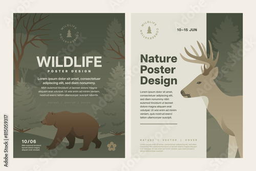 Forest animal poster design set. Wild animals in nature background vector illustration. Night wildlife landscape with bear and deer for flyer or letter. © Anastasiia Neibauer