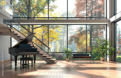 Interior of a house with stairs and Piano. Created with Ai