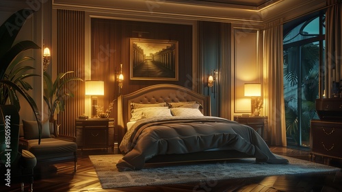 digitally generated luxurious bedroom, set in a night scene, highlights the capabilities of photorealistic rendering to create an inviting and sophisticated atmosphere. 