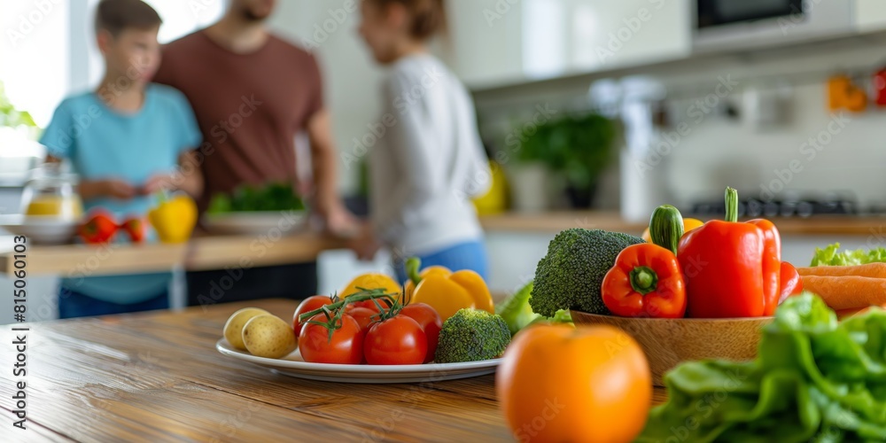 Visible is a modern kitchen scene with a family of blurred faces preparing food, fresh vegetables in the foreground Visible is a modern kitchen scene with a family of blurred faces preparing food, fresh vegetables in the foreground