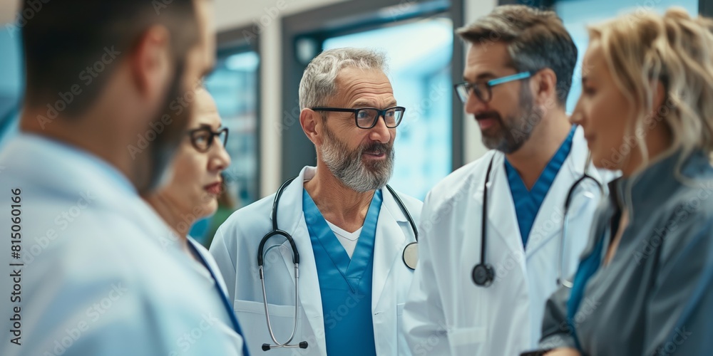 Senior doctor discussing with other healthcare professionals during a meeting in a medical center Senior doctor discussing with other healthcare professionals during a meeting in a medical center
