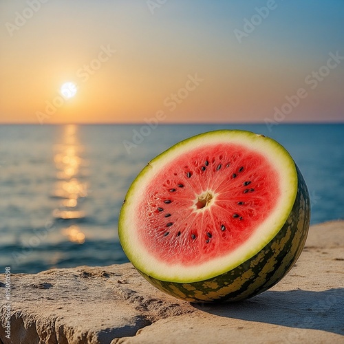 Wasser Melone und Meerblick. Generative AI Technologie