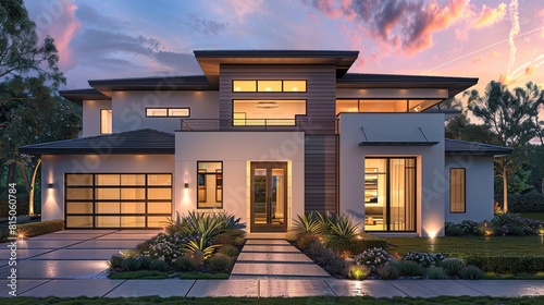 Modern luxury house at dusk with illuminated windows and lush landscaping.