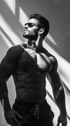 Muscular man showcasing power and athleticism in black and white