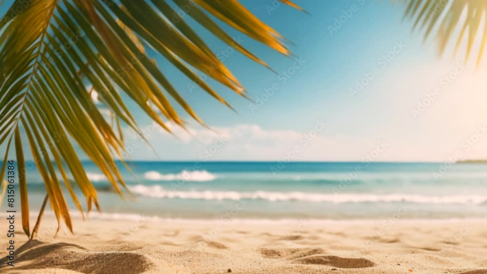 Horizontal video of a calm beach and the wind moving the leaves of a palm tree