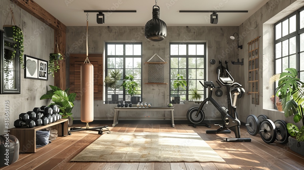 ภาพประกอบสต็อก The 3D-rendered home gym features a modern, well ...