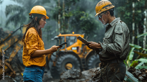 Male and Female Engineers in Hard Hats Using Tablets at Muddy Construction Site with Excavator in Background