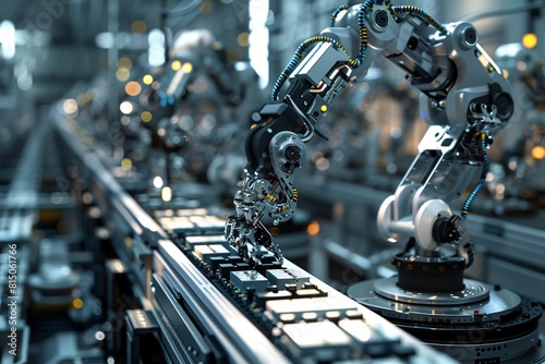 Automated robots moving along a conveyor belt in a manufacturing facility, part of a high-tech production line process