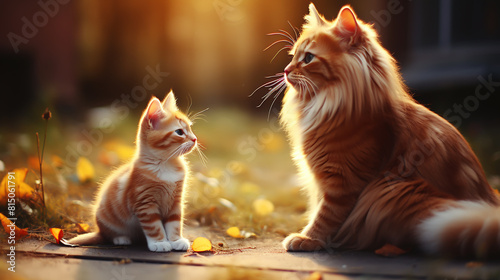 beautiful portrait of an adult cat and a kitten looking deep into eachother's eyes with obvious love between them photo