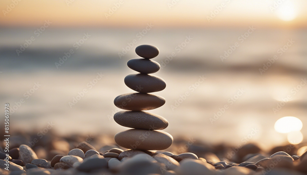 Obraz premium Perfect balance of stack of pebbles at seaside towards sunset 