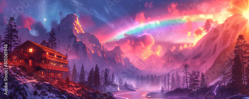 Swish LGBTQ PRIDE banner with a rainbow aurora borealis over a mountain chalet photo