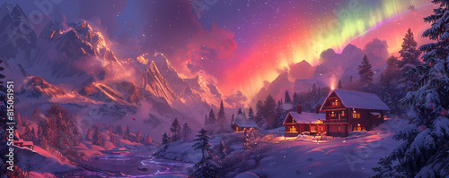 Swish LGBTQ PRIDE banner with a rainbow aurora borealis over a mountain chalet photo