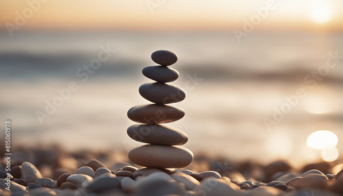 Perfect balance of stack of pebbles at seaside towards sunset 