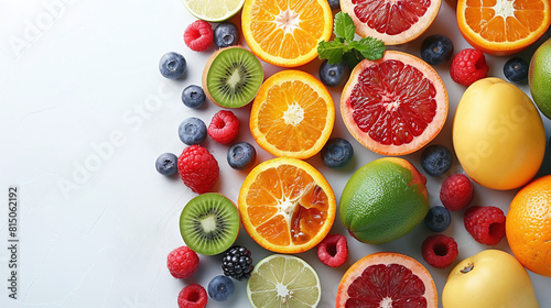 Assorted Fresh Citrus Fruits Berries Mint Leaves White Background Top View Healthy Eating Concept