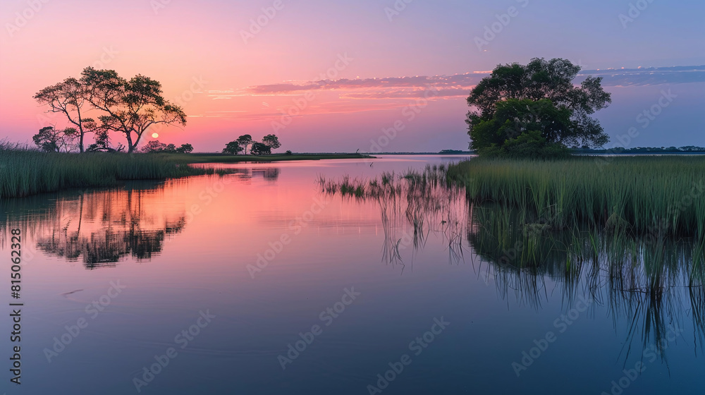 Serene Sunset Reflecting on Tranquil River with Silhouetted Trees and Green Grass
