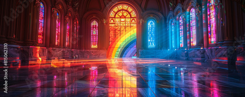 Exquisite LGBTQ PRIDE banner with a stained glass rainbow and marble statues © Ibrar Artist