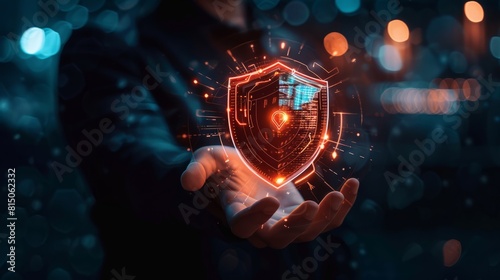 Businessman holds shield protect icon on palm, emphasizing the concept of protection network security and safe data. Lock symbol represents cybersecurity and safeguarding against cyber threats.