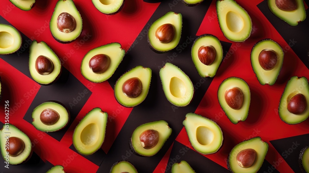 Fototapeta premium Creative display of halved avocados with seeds on a bold red and black geometric background.