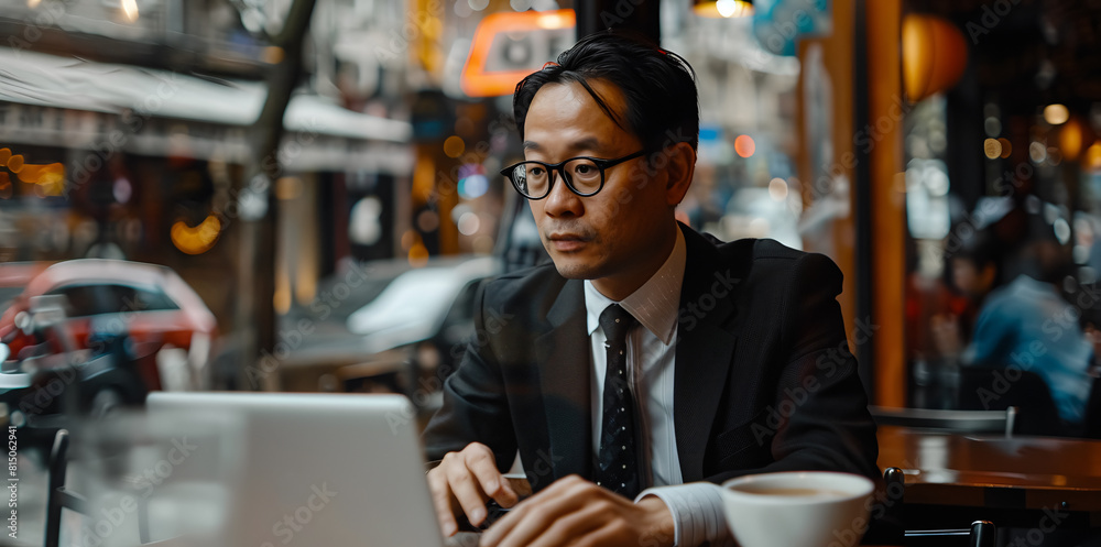 middle aged businessman working in a cafe showing concern about his work middle aged businessman working in a cafe showing concern about his work