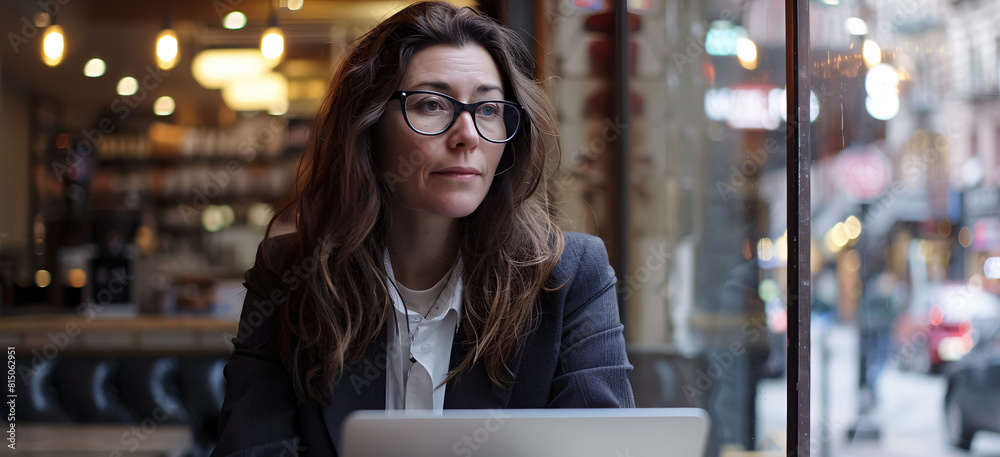 middle aged businesswoman working in a cafe showing concern about his work middle aged businesswoman working in a cafe showing concern about his work