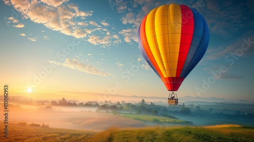 Colourful hot air balloon floating over distant fields and meadows covered with fog on sunny sunrise. hyper realistic 