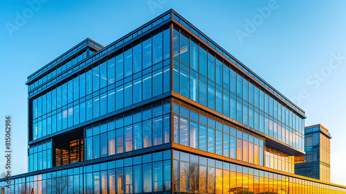 Modern Corporate Office Building with Blue Glass and Golden Sunset Reflections