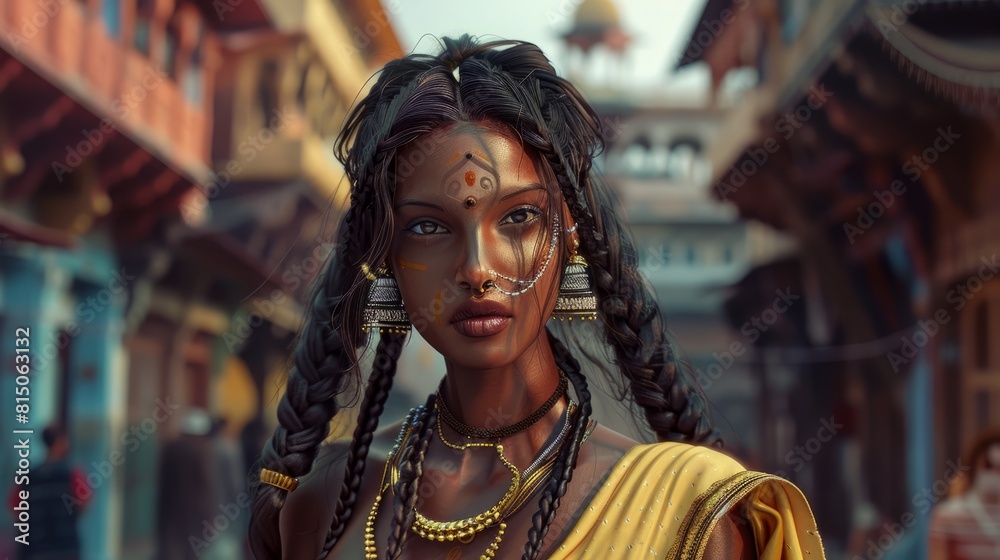 Obraz premium Cool Indian woman with flying braids on street hyper realistic 