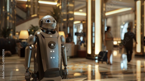 Wallpaper Mural Capture a luggage-lifting robot in a hotel lobby, portrait, focusing on the robot's face-like interface, ethereal, Composite, against a backdrop of bustling guests Torontodigital.ca