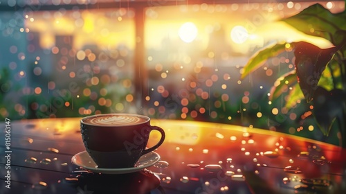 Cup of hot coffee or tea on the table at sunset in the rain. Anime art style. Loop animation hyper realistic 