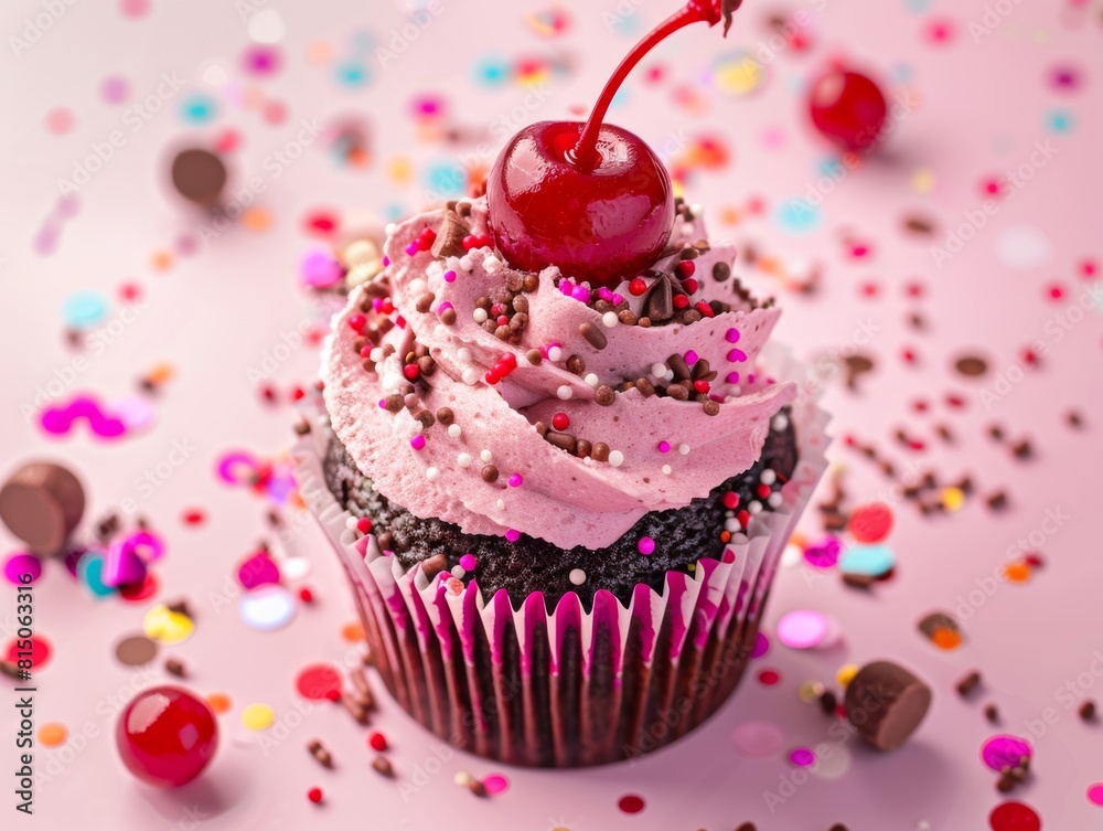 Scrumptious Pink Chocolate Cupcake with Cherry and Confetti Delight