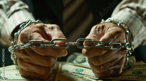 Image of hands bound with chains gripping money, symbolizing corruption's hold