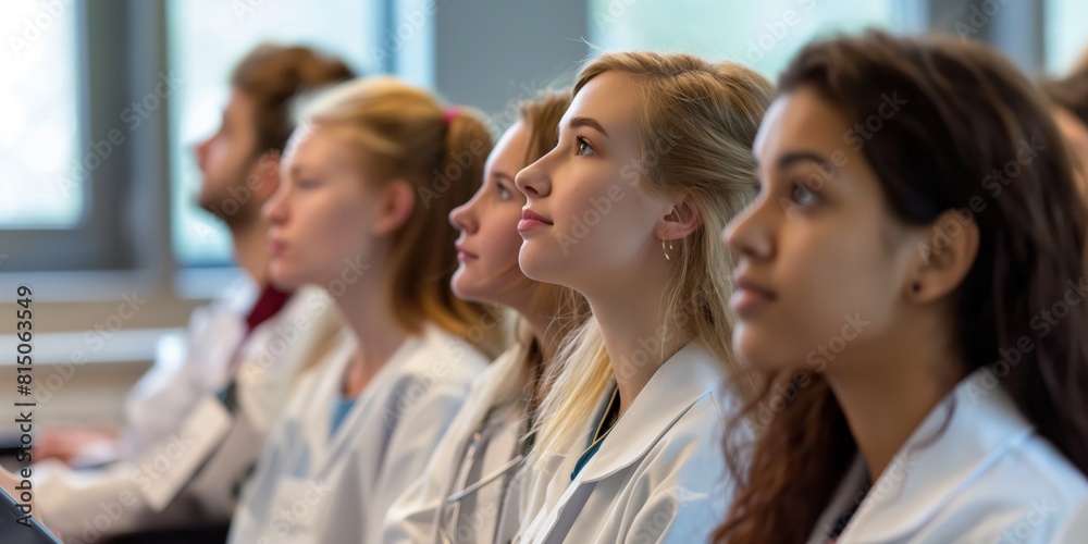 A group of medical students in white lab coats attentively listening during a lecture, symbolizing education and focus A group of medical students in white lab coats attentively listening during a lecture, symbolizing education and focus