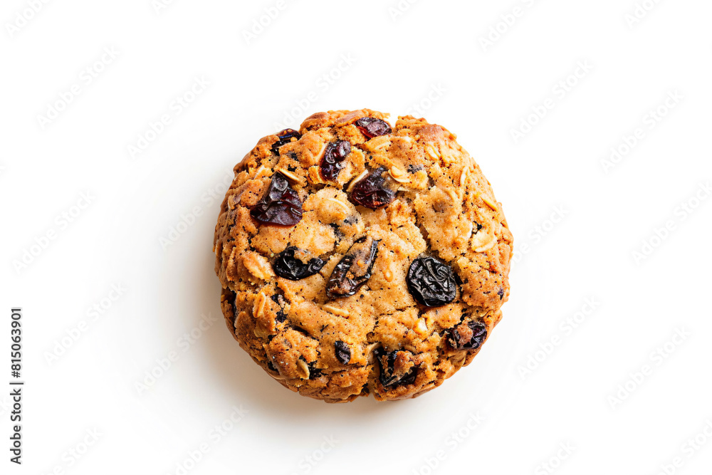 a cookie with raisins and oats on a white surface