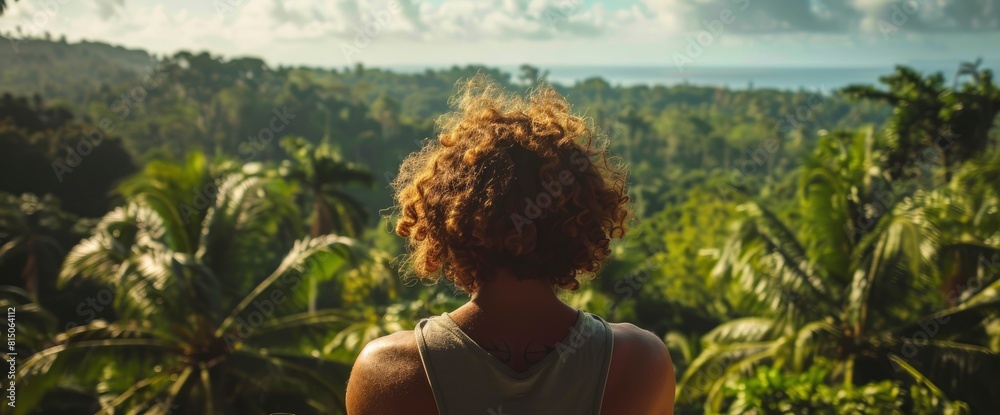 A Man With Curly Hair Looking At A Scenic View Of Jungles From A Rooftop. With Copy Space , Background A Man With Curly Hair Looking At A Scenic View Of Jungles From A Rooftop. With Copy Space , Background