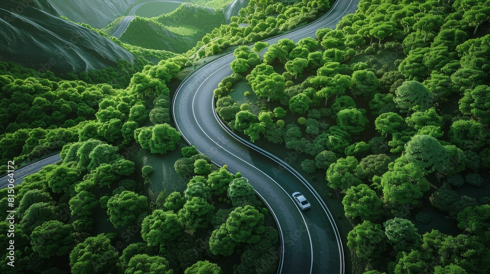 EV (Electric Vehicle) electric car is driving on a winding road that runs through a verdant forest and mountains hyper realistic 