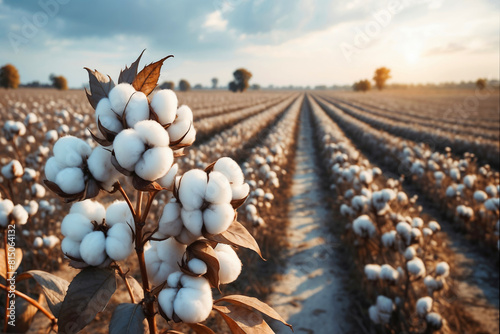 A close-up of cotton bolls on their plants stands in sharp focus against a backdrop of a cotton field stretching toward the horizon. photo