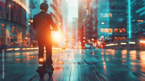 Faceless businessman riding electric scooter in a city. Generative AI., Generative AI hyper realistic 